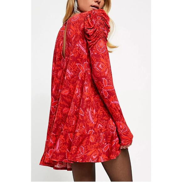 Free People HELLO LOVER Floral Ruched Long Sleeve Flowy Tunic Top Dress in Red M - Picture 2 of 10